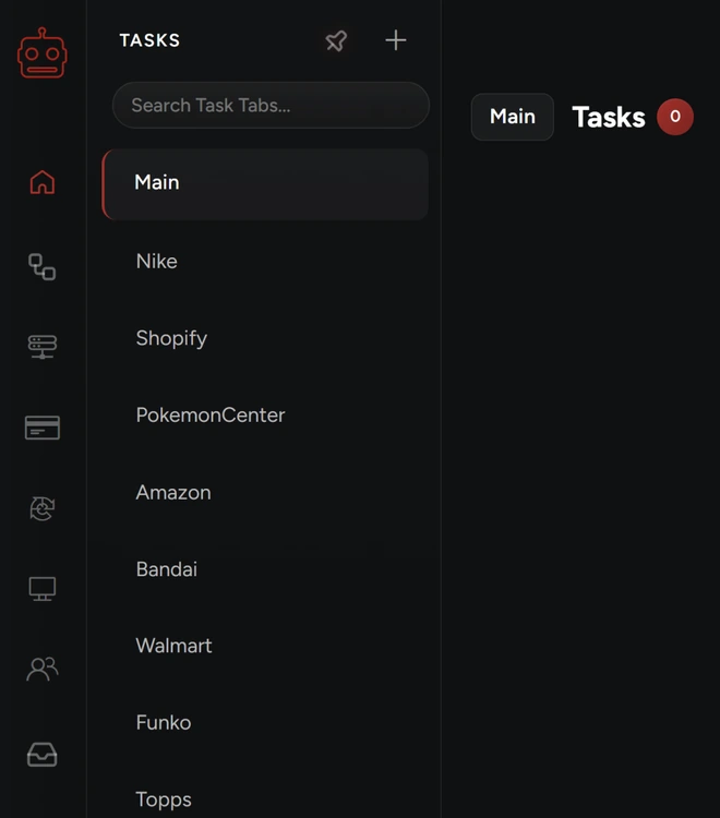 NikeShoeBot dashboard with the task group list: Main, Nike, Shopify, PokemonCenter, Amazon, Bandai, Walmart, Funko and Topps.