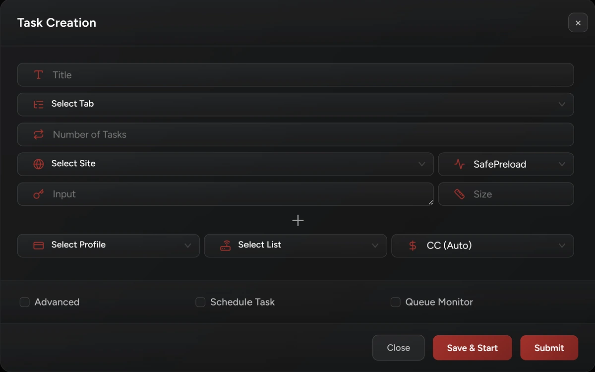 NikeShoeBot Task Creation window: site, mode, input and size, billing profile, proxy list, card payment and task options.